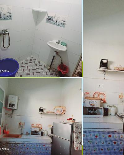 three pictures of a kitchen with a sink and a refrigerator at Dar lwallidine in El Jadida