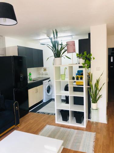 a kitchen with a white shelf with plants in it at Little apartment 20 min from central London in London