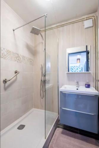 une salle de bain avec douche et lavabo dans l'établissement Chambre ZEN clim piscine, à Mérignac