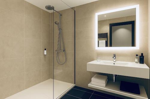 a bathroom with a sink and a shower at Les Appartements Husseren Collections - Proche Colmar - Eguisheim in Husseren-les-Châteaux