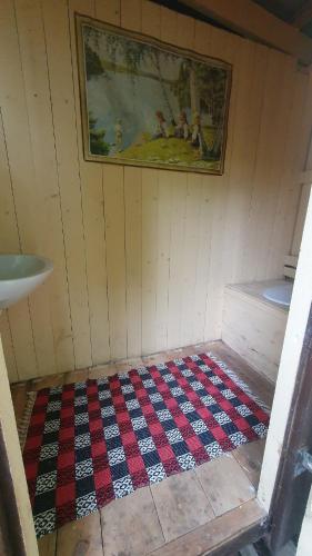 a room with a plaid rug on the floor at Cozy cottage with its own beach plot and rowing boat in Linneryd