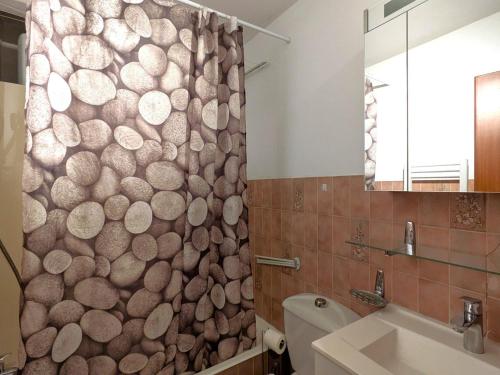 une salle de bain avec un rideau de douche et des toilettes dans l'établissement Studio au Centre de La Clusaz - Balcon, Garage, Proche Pistes et Commerces - FR-1-459-67, à La Clusaz