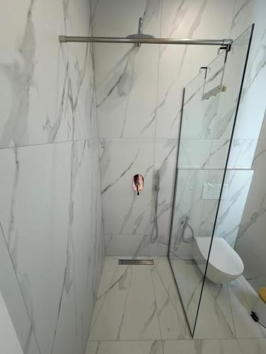 a bathroom with a glass shower and a toilet at Rooms Kruja City in Krujë