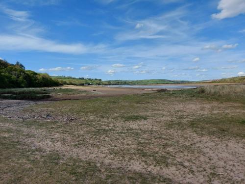 a beach with grass and a body of water at 1 bed in Llansteffan 74267 in Ferryside