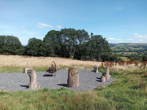 a park with a playground with logs and a bench at 1 bed property in Brynteg 81354 in Llanwenog