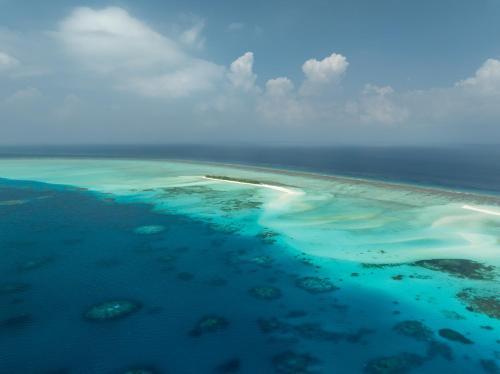 an aerial view of the great barrier reef in the ocean at Villa Mia Fulhadhoo in Fulhadhoo