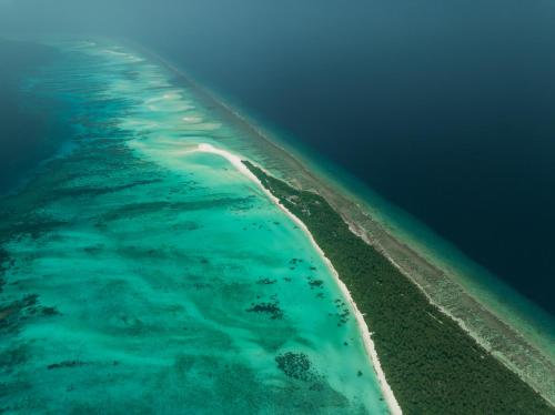 an aerial view of an island in the ocean at Villa Mia Fulhadhoo in Fulhadhoo