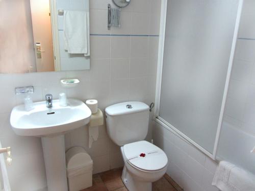 a bathroom with a toilet and a sink and a shower at Hotel Villa de Utrillas in Utrillas