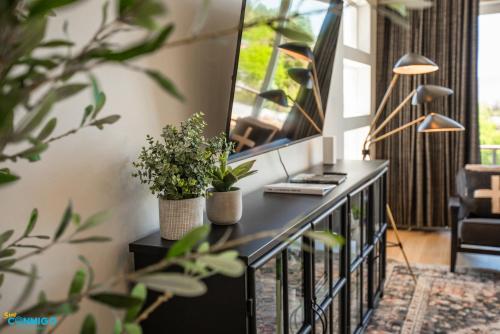 a room with a desk with a mirror and plants at Gathering Place Hot Tub Game rooms in Orem