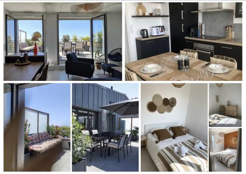 un collage de fotos de una cocina y una sala de estar en Appartement cosy 2 ch avec toit terrasse & parking - Lumineux et calme, en Les Sables-dʼOlonne