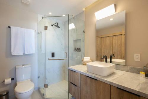 a bathroom with a toilet and a sink and a shower at New and Elegant 4Bedroom House Steps from the Beach in Cabo San Lucas