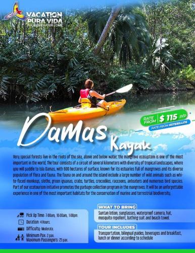 a flyer with a person in a kayak on the water at Villa Paraiso By Vacation Pura Vida in Bejuco