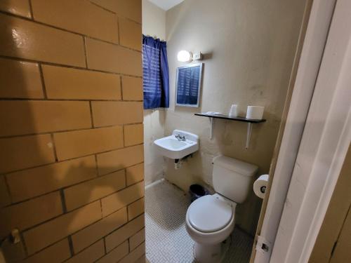 a bathroom with a white toilet and a sink at Hill Country Lodge and Mini Storages in Buchanan Dam