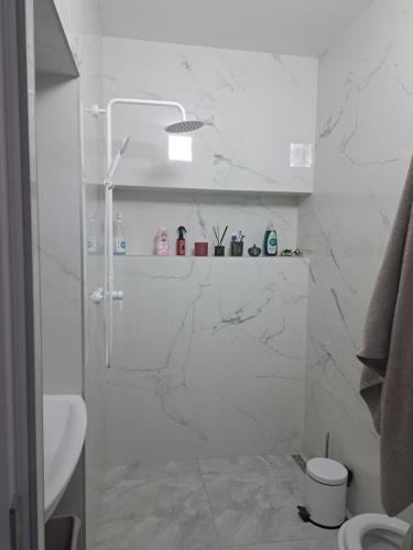 a white bathroom with a shower with marble walls at Apartment HOME две спальни in Reni