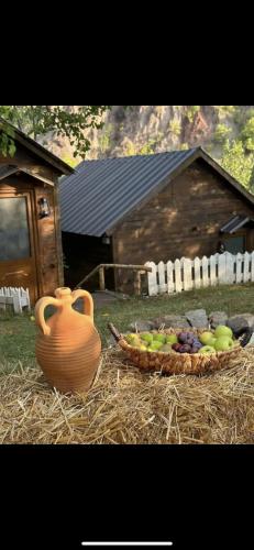 a basket of apples and a vase on hay at Shtepizat e Rames Agroturizem in Librazhd