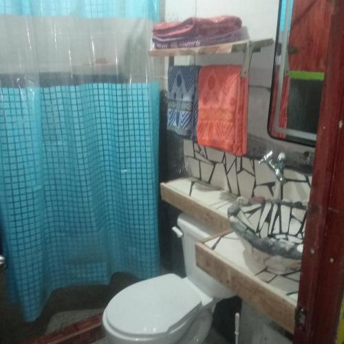a bathroom with a toilet and a shower and a sink at Casa Osa Bella John's house in Agujas