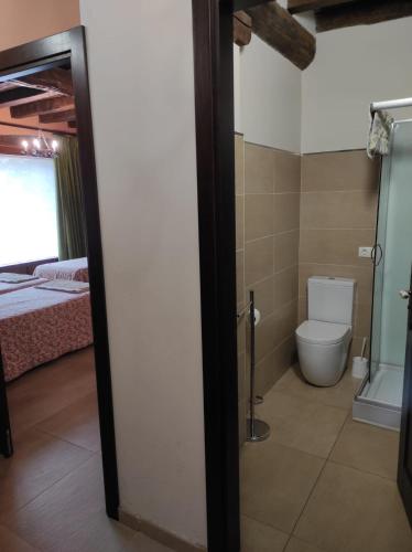 a bathroom with a toilet and a bed in a room at Sagardikoetxea HABITACIONES CON BAÑO EN CASA RURAL in Oskotz