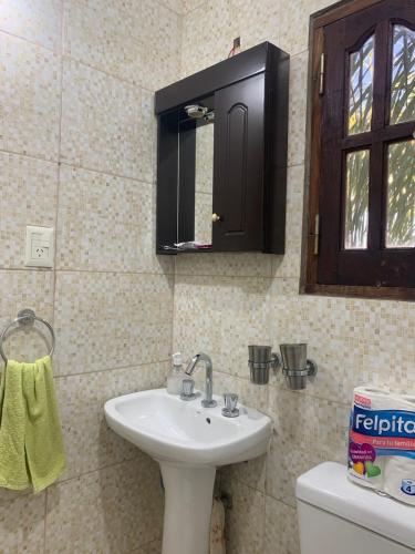 a bathroom with a sink and a mirror and a toilet at Departamento de los pájaros in Cordoba