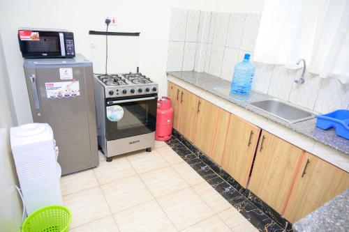 a small kitchen with a stove and a sink at SpringStone executive apartment A10 in Ongata Rongai 