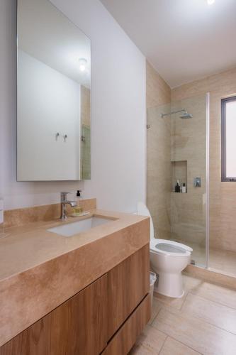 a bathroom with a sink and a toilet at Olivia's home in Zibata Queretaro in La Cañada