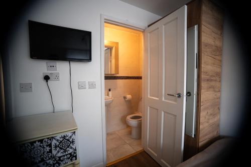 a bathroom with a toilet and a television on the wall at Newly Renovated EnSuite Room in London