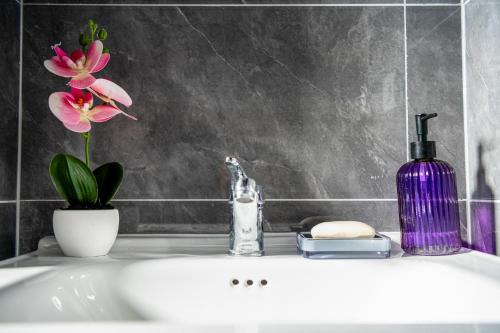 a bathroom sink with a purple soap dispenser and a flower at Most - Bitka za ranjenike na Neretvi in Jablanica