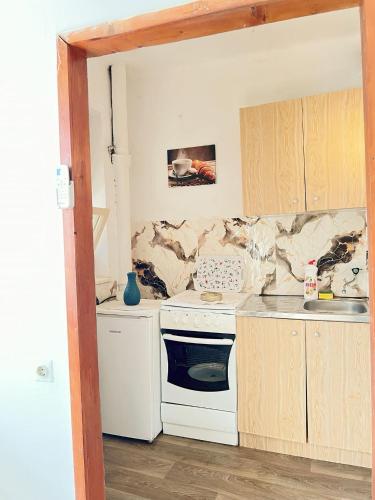 a kitchen with a white stove and a sink at Home NP Apartments in Novi Pazar