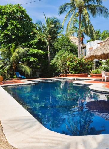 a swimming pool with blue water and palm trees at Casa Rosa Paradise in Puerto Escondido
