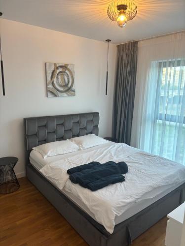 a bedroom with a bed with a blue robe on it at Aviatiei-Boutique in Bucharest