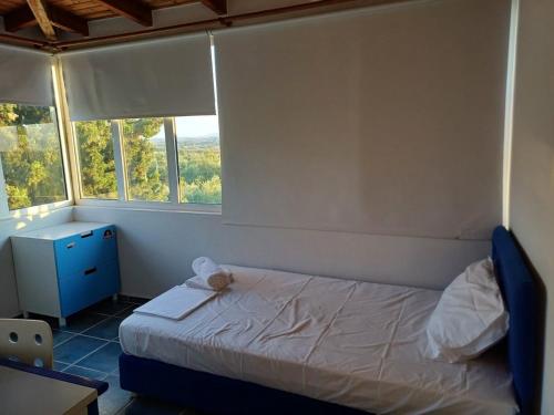 a small bedroom with a bed and two windows at Yiannis & Ria's Farm in Kalamata