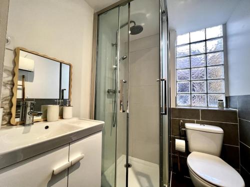 a bathroom with a toilet and a glass shower at Appartement cosy à Hennebont ! in Hennebont