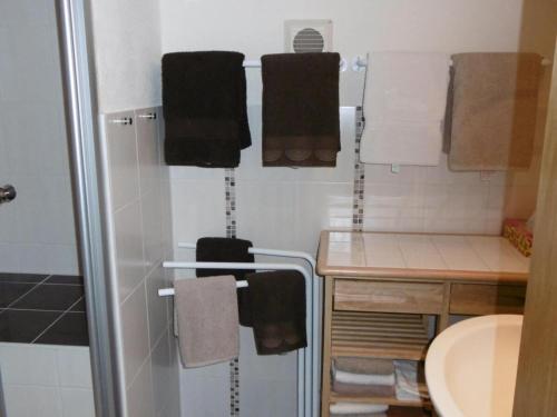 a bathroom with a shower with towels and a sink at Farm Ferienhof Albert in Teschendorf