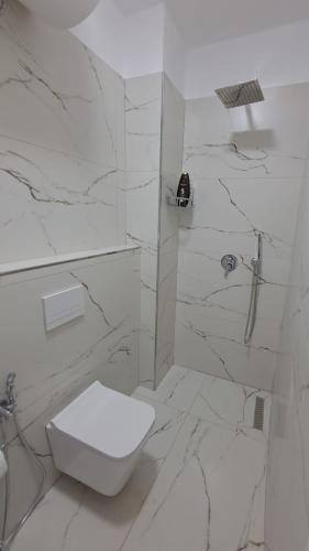a white bathroom with a toilet and a shower at MarMeg Guesthouse in Tirana