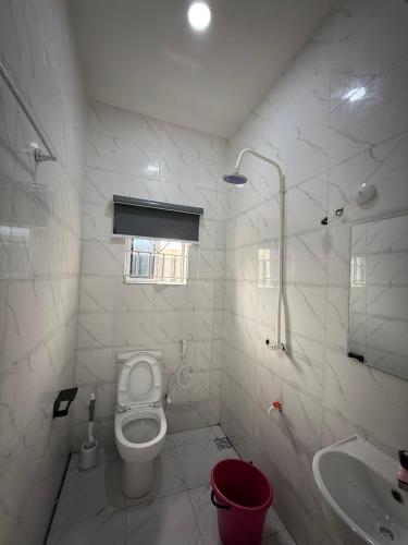 a white bathroom with a toilet and a sink at Comfortable Studio apartment in ogudu by Magnanimous apartments in Lagos