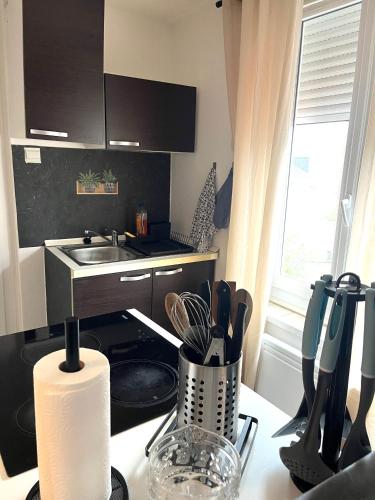 appartement coconing في لو هافر: مطبخ صغير مزود بحوض ومسطح عمل