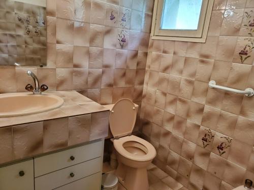 a bathroom with a toilet and a sink at Maison en campagne avec chambre mezzanine in Priziac