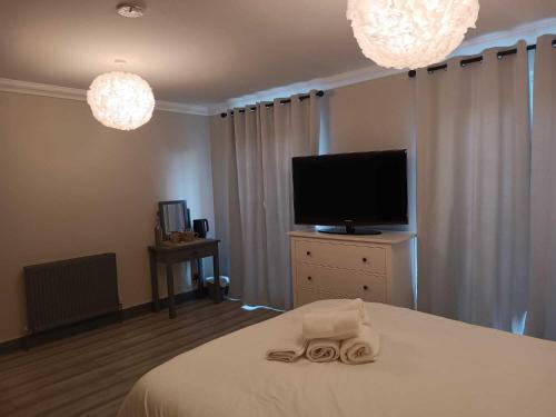 a bedroom with a bed and a flat screen tv at Woodgrove Holiday Homes in Inshes