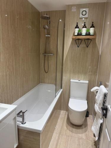 a bathroom with a tub and a toilet and a sink at The Victorian Apartment in Dundee