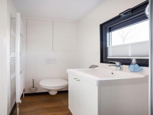 a white bathroom with a sink and a toilet at Unique vacation home in Offingawier