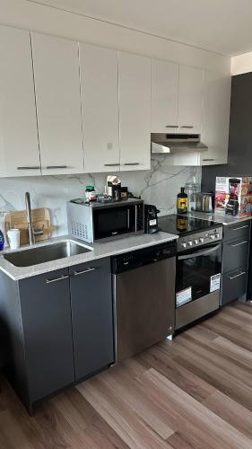 a kitchen with stainless steel appliances and white cabinets at Great view 1BDRM APTR in heart of Montreal DWTN in Montréal
