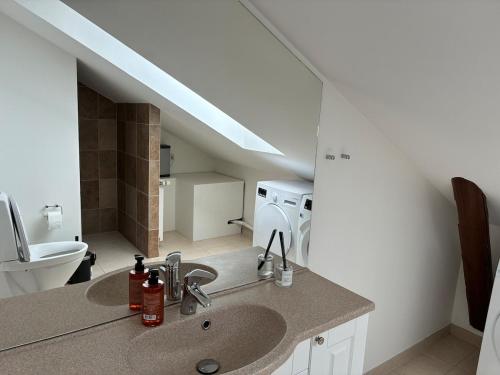 a bathroom with a sink and a toilet at Central city apartment with parking space in Hjørring