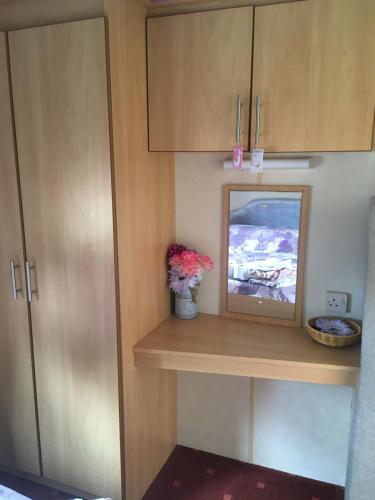 a kitchen with a shelf with a mirror and flowers at HAPPY DAYS Caravan88 North in Skegness
