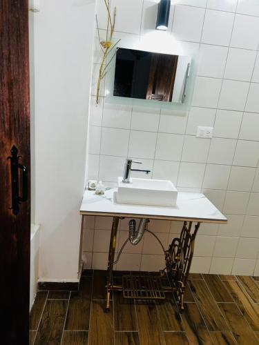 a bathroom with a white sink and a mirror at Hotel Boutique Doña Celia in Aguascalientes