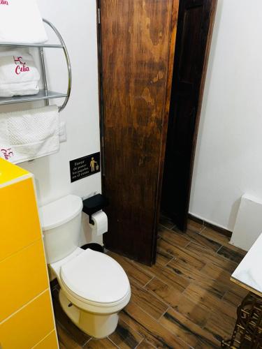 a bathroom with a white toilet and a wooden floor at Hotel Boutique Doña Celia in Aguascalientes