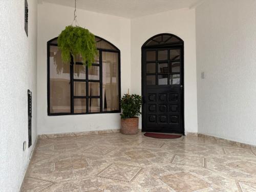 a hallway with a black door and a potted plant at Casa en Espinal Conjunto residencial Quintas de Gratamira ll in Espinal