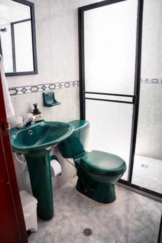 a bathroom with a green toilet and a sink at Casa Marina Espectacular Casa Completa Valledupar in Valledupar