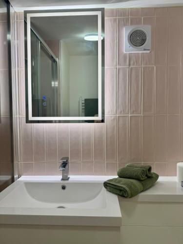a bathroom with a sink and a mirror at Charlton's Hollow in Bolney