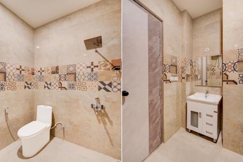 a bathroom with a toilet and a shower and a sink at Hotel O Shagun hotel and Banquets in Gomti Nagar
