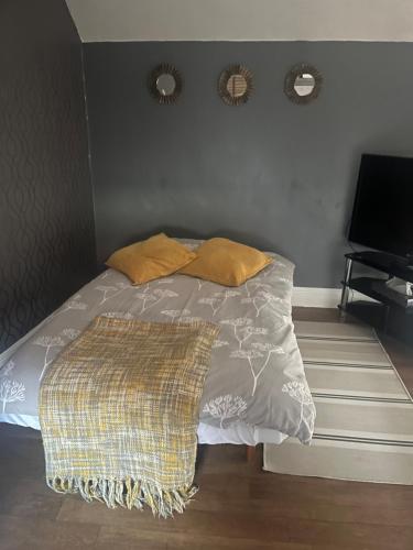 a bedroom with a bed with two pillows and a television at Segais Accommodation in Grove