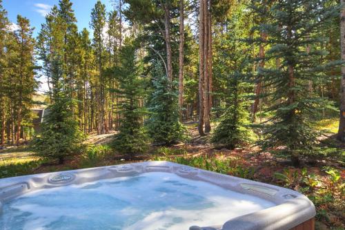 a jacuzzi tub in the woods with trees at Timber Heights Lodge in Breckenridge